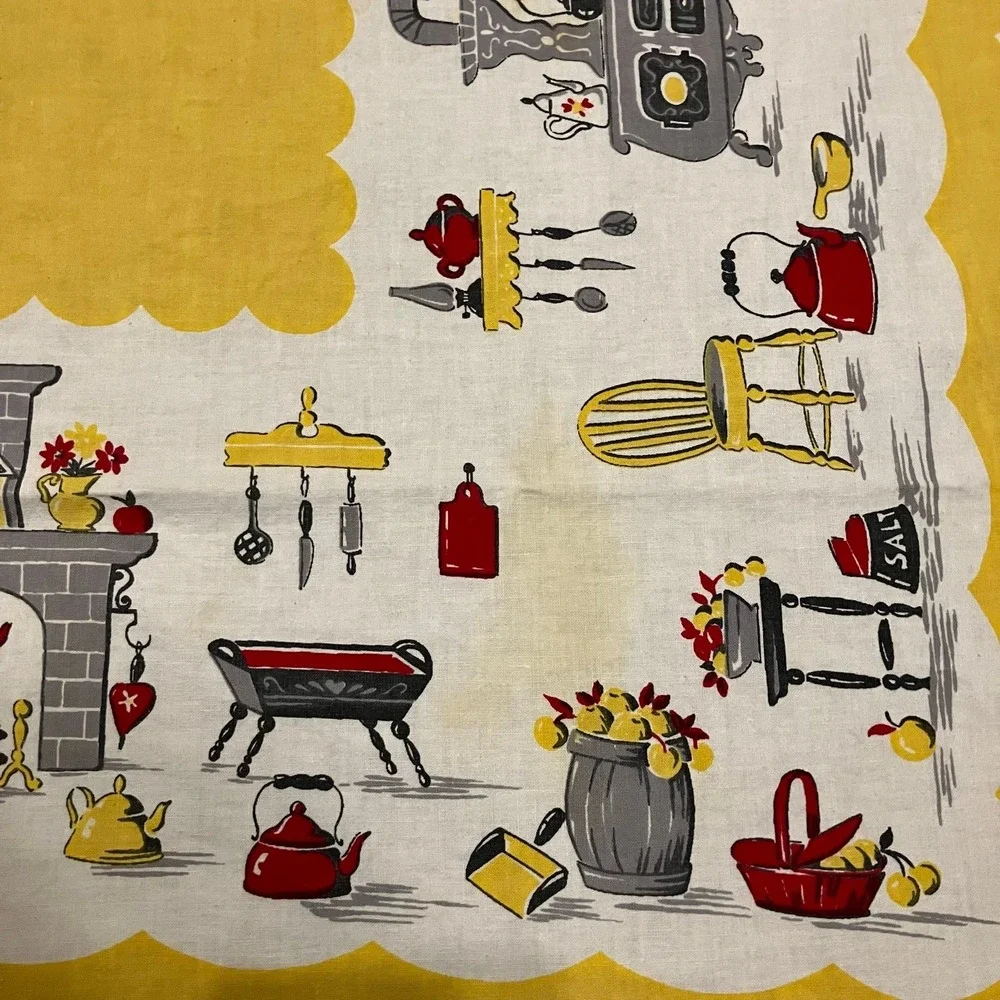 Vtg 1960s Country Kitchen‎ Tablecloth Yellow Stove Utensils Kettle 46x46